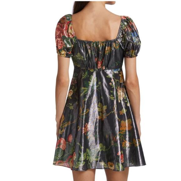 STAUD Camilla Dress  Size 8 Floral Metallic Puff Sleeve Mini Tie Front Coquette - Picture 4 of 16